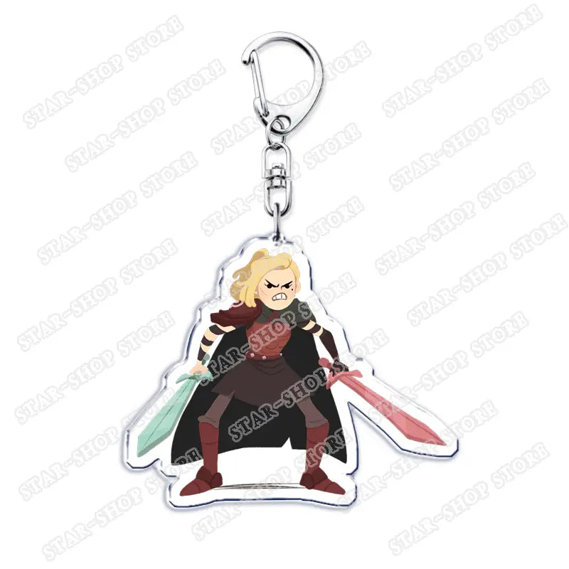 Clear acrylic Amphibia anime keychain featuring a cartoon blonde warrior in black armor and dark cloak wielding green and red swords.