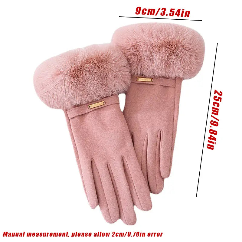 Damen-Touchscreen-Winterhandschuhe in Rosa mit Kunstfellfutter, daimähnlichem Obermaterial und goldfarbenen Metallakzenten, ausgelegt für einen windabweisenden Schutz.