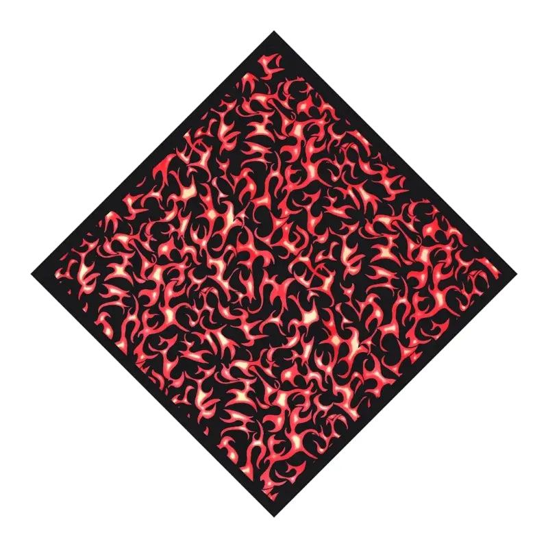 A diamond-shaped bandana head scarf with a vibrant red and black flame pattern made of lightweight fabric.
