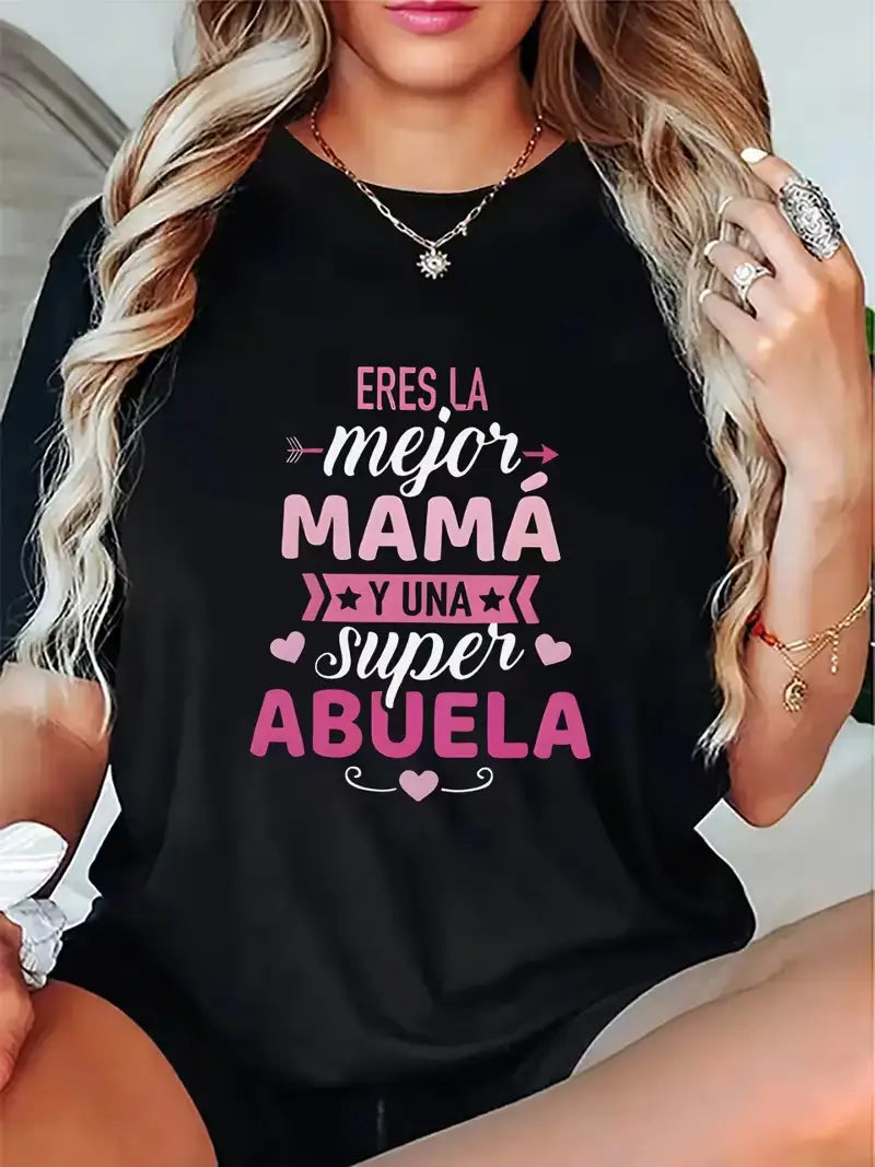 Black short sleeve round neck casual top for women featuring pink and white text with hearts and stars reading eres la mejor mamá y una super abuela.