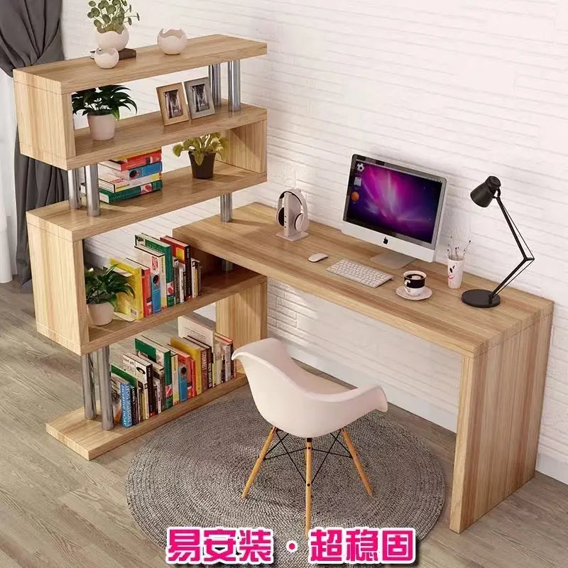 modern l shaped computer desk with bookshelf features light wood grain finish, integrated shelving units, and sturdy metal legs for organized workspace.