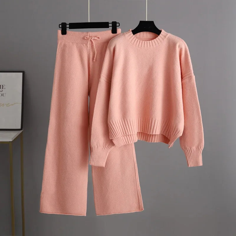 Winter Thick Knitted 2 Piece Sets Women Half Turtleneck Knitwears Sweater Loose Pullover Tops High Waist Wide-leg Pants Outfit