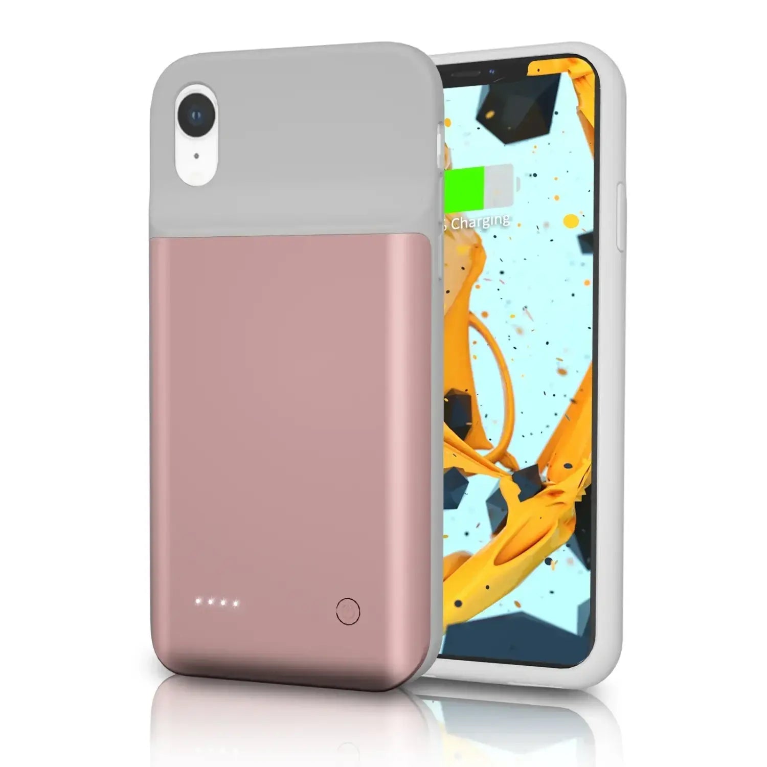 Face arrière d’un boîtier chargeur de batterie iPhone XR bicolore rose doré et gris, avec batterie intégrée.