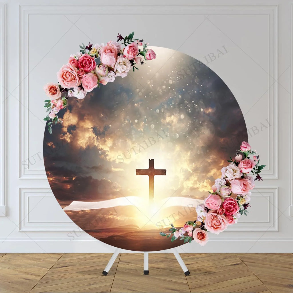 Easter He Is Risen Round Backdrop Jesus Resurrection Circle Backdrop Holy Light Lily Flower Photography Background for Easter