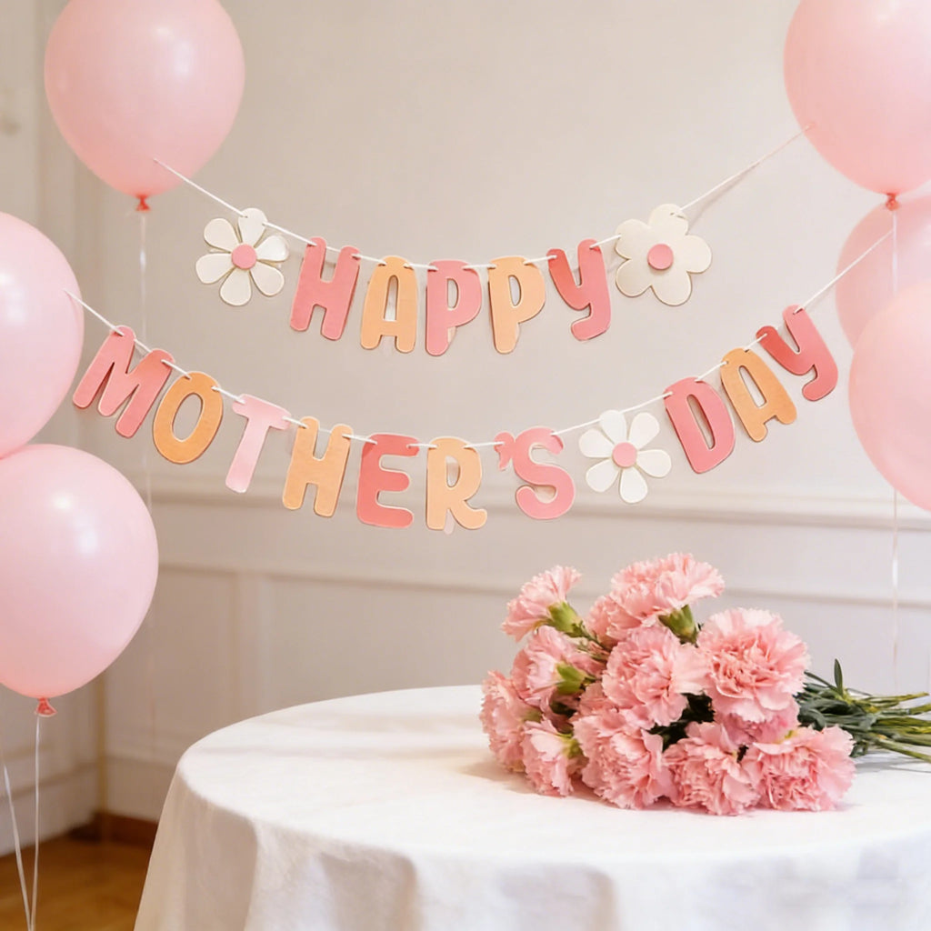 Happy Mother's Day Decorative Banners & Pull Flowers, Wall Hanging Decor for Shop & Room, Photo Booth Props