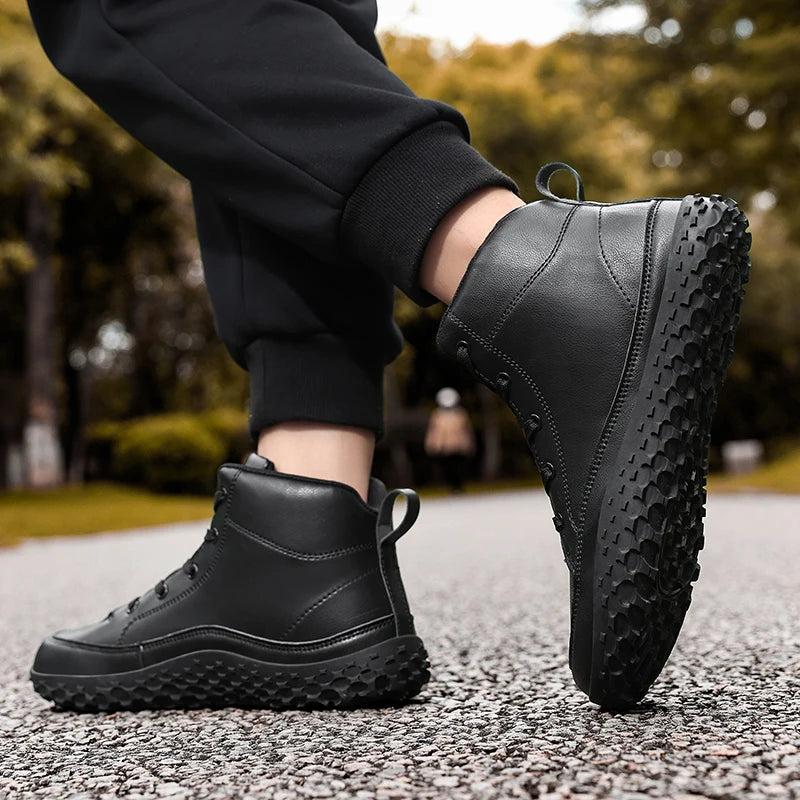 Men Wide Toe Barefoot Hiking Boots Mid‑Top Leather Minimalist Shoes Flexible Zero‑Drop Non‑Slip Outdoor Trail Walking Footwear