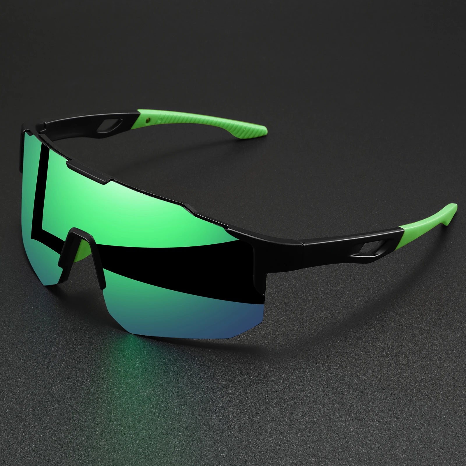 Oversized wraparound sports sunglasses uv400 featuring a black and neon green frame with reflective gradient lenses and unisex comfort fit.