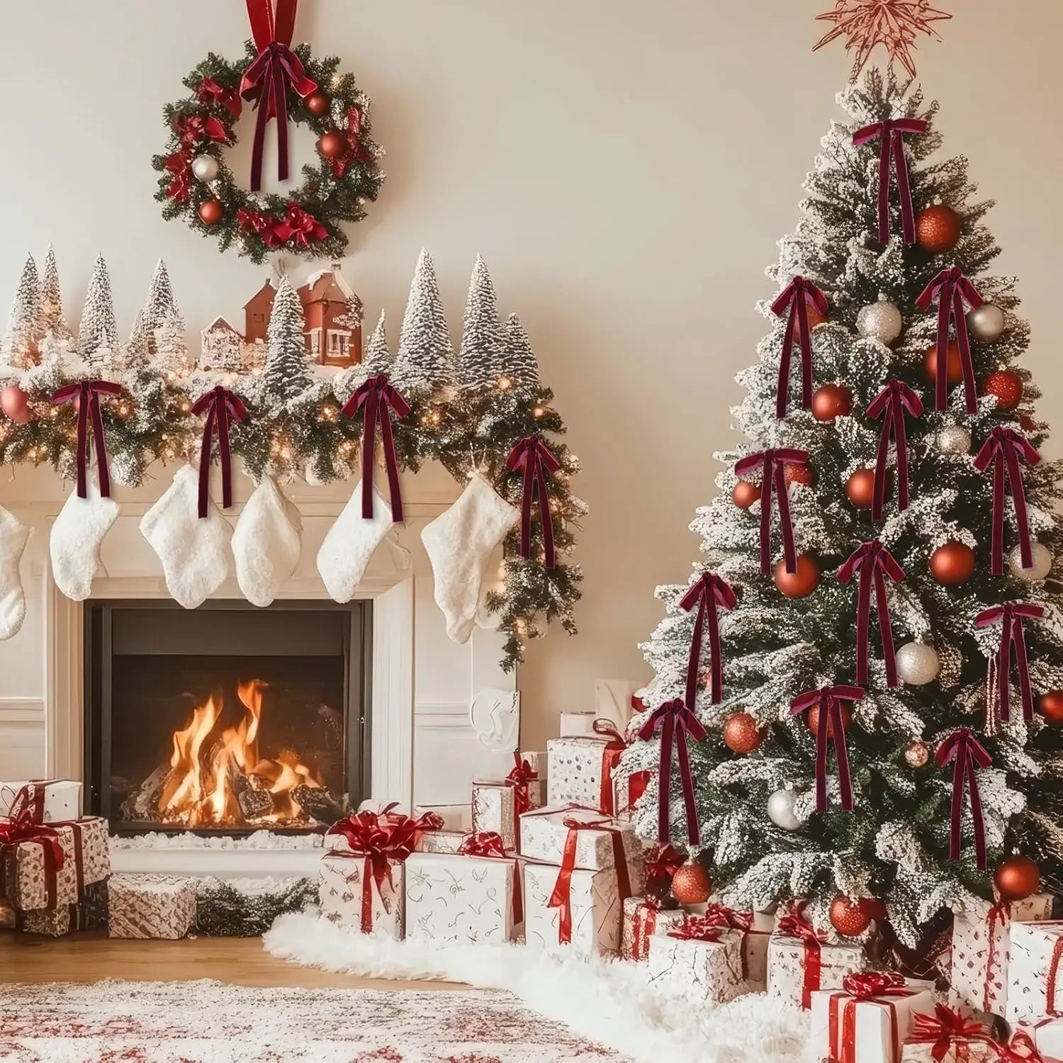 Festlicher Weihnachtsbaum, geschmückt mit 24 Stück Samtschleifen aus tiefem bordeauxrotem Samtband, vereistem Geäst, roten und silbernen Ornamenten sowie einem goldenen Stern als Topperspitze, ideal für die Weihnachtsbaum-Dekoration mit Samtschleifen und Schleifen am Weihnachtsbaum.