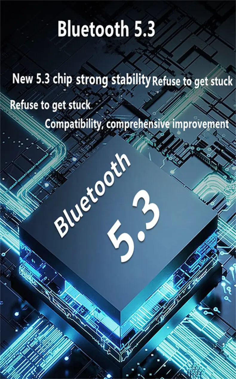 black bluetooth 5.3 chip with glowing blue circuitry and white version text in a high quality earphone clip wireless bluetooth headset with noise reduction.