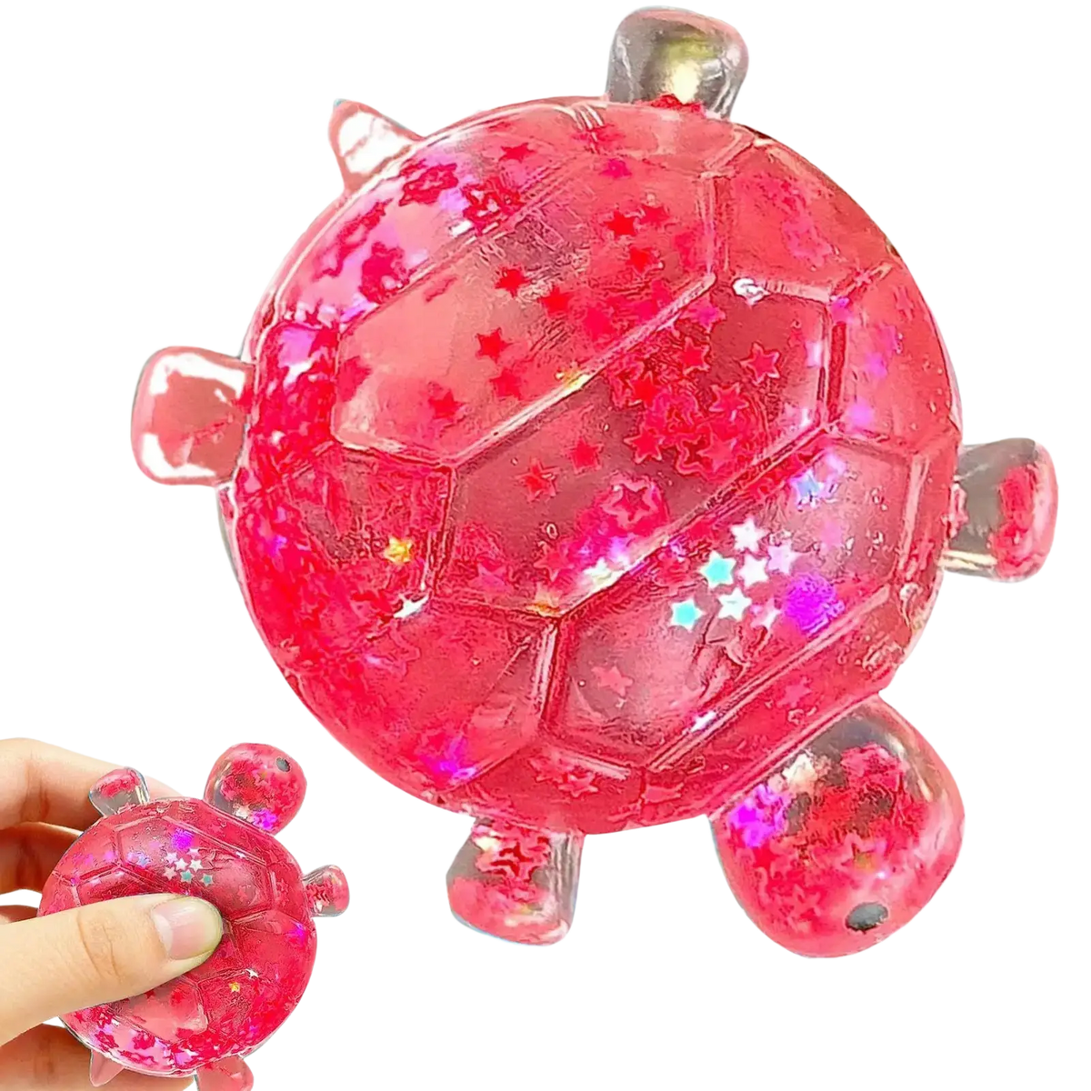 A translucent pink turtle shape squeeze toy filled with sparkling star confetti sensory fidget squeeze ball