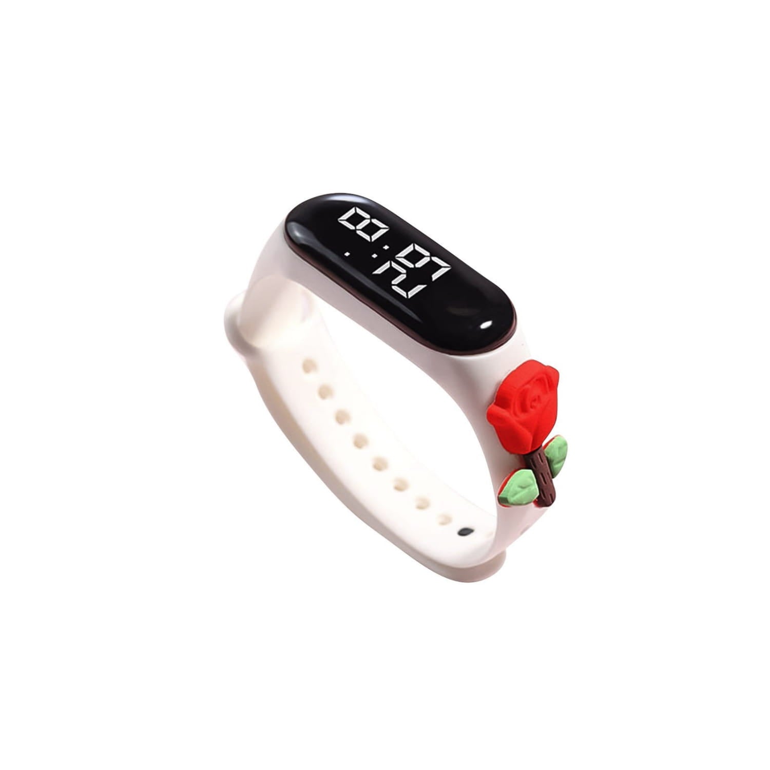 white silicone wristband kids digital watch with black rectangular display and red rose charm featuring life waterproof material type for durability