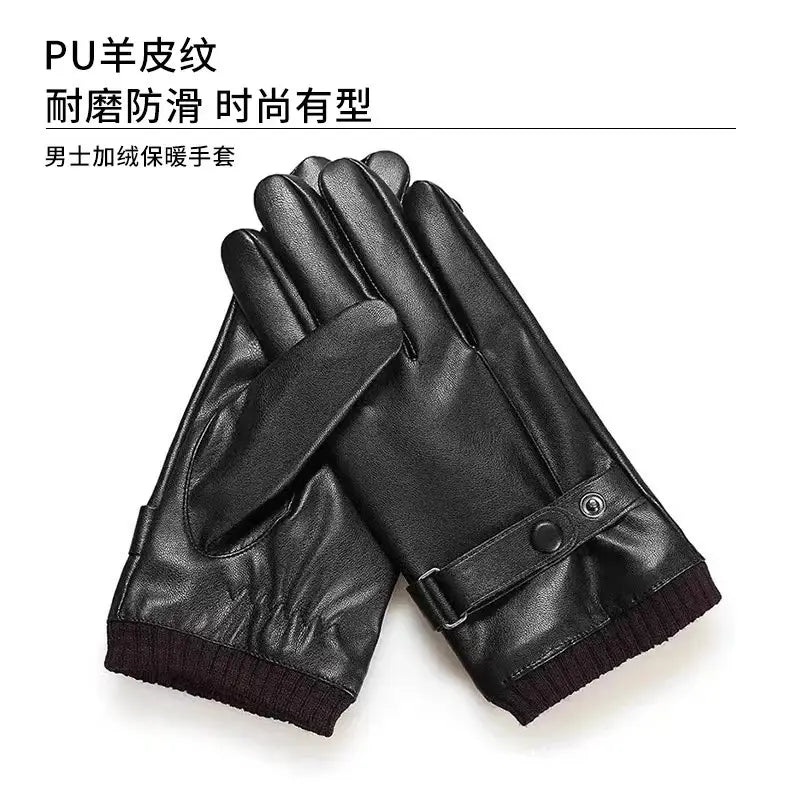 Black pu leather men winter touch screen insulated gloves with ribbed cuff and snap button closure showing the back side of the product.