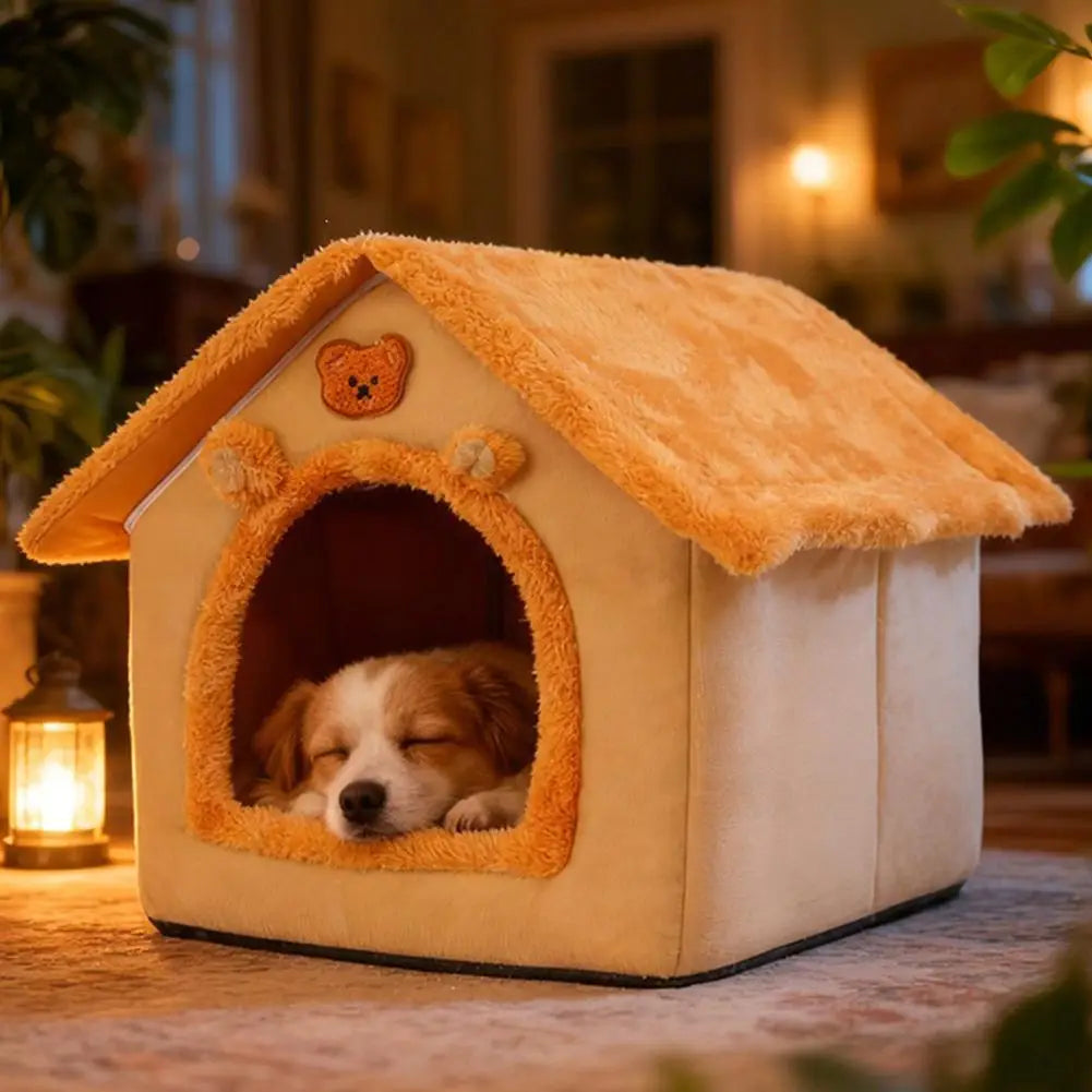 Cozy beige and warm orange plush pet bed 33x32x30cm with a fuzzy roof, bear face decoration, and soft interior featuring a sleeping puppy.