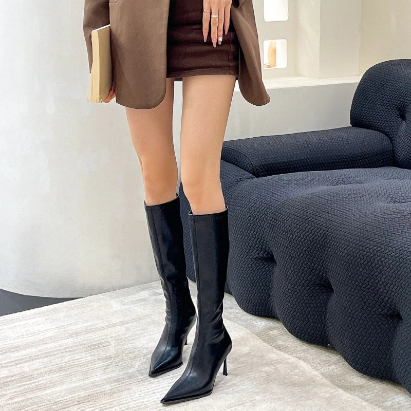 2025 New Women's High Heels Pointed Knee-length Female Boots Comfortable Stiletto Heel Soft Leather Women Shoes Zapatos De Mujer