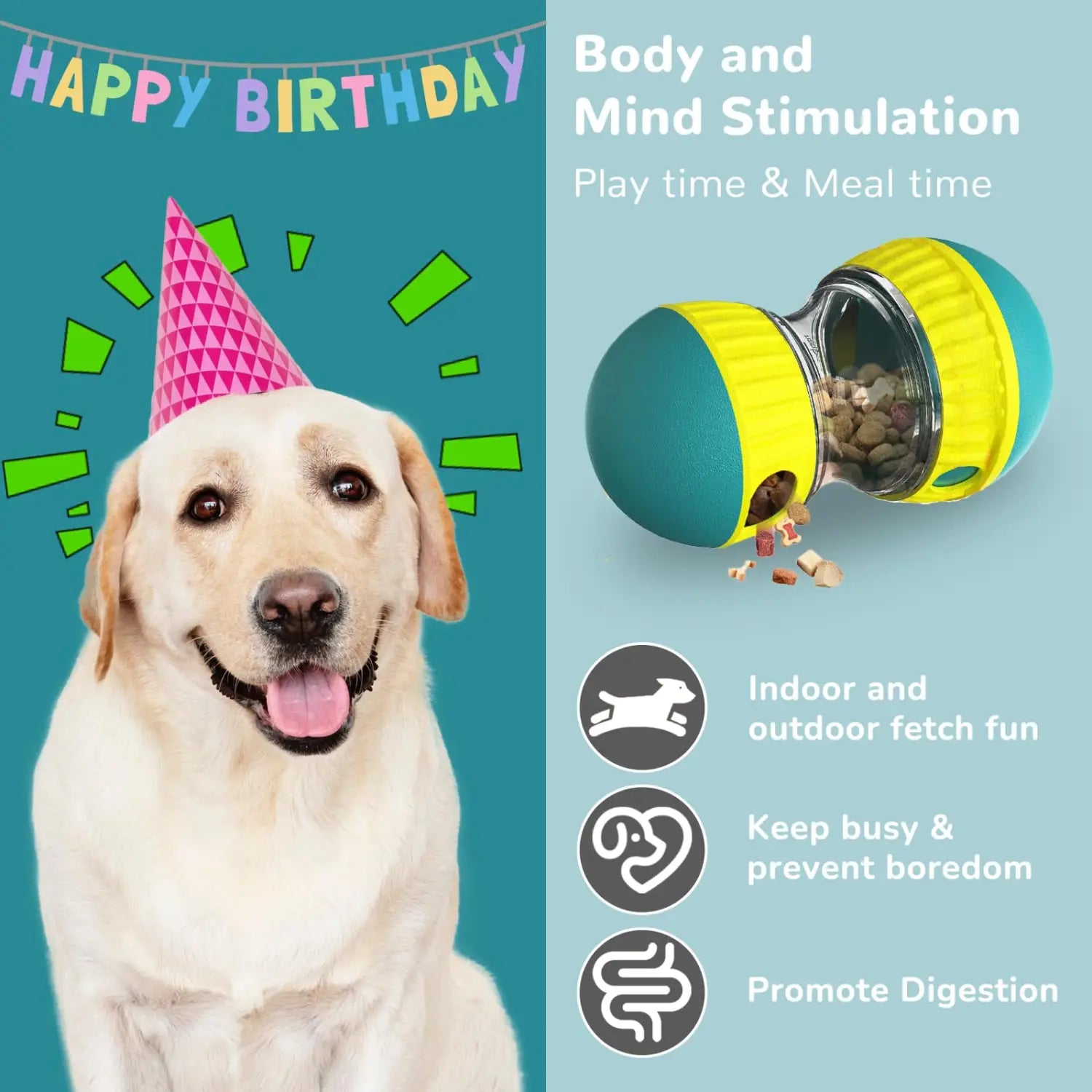 juguete para rompecabezas canino de doble cara color amarillo y verde azulado con dispensador de alimento, con una sección central transparente para que se vean los premios de comida para el perro