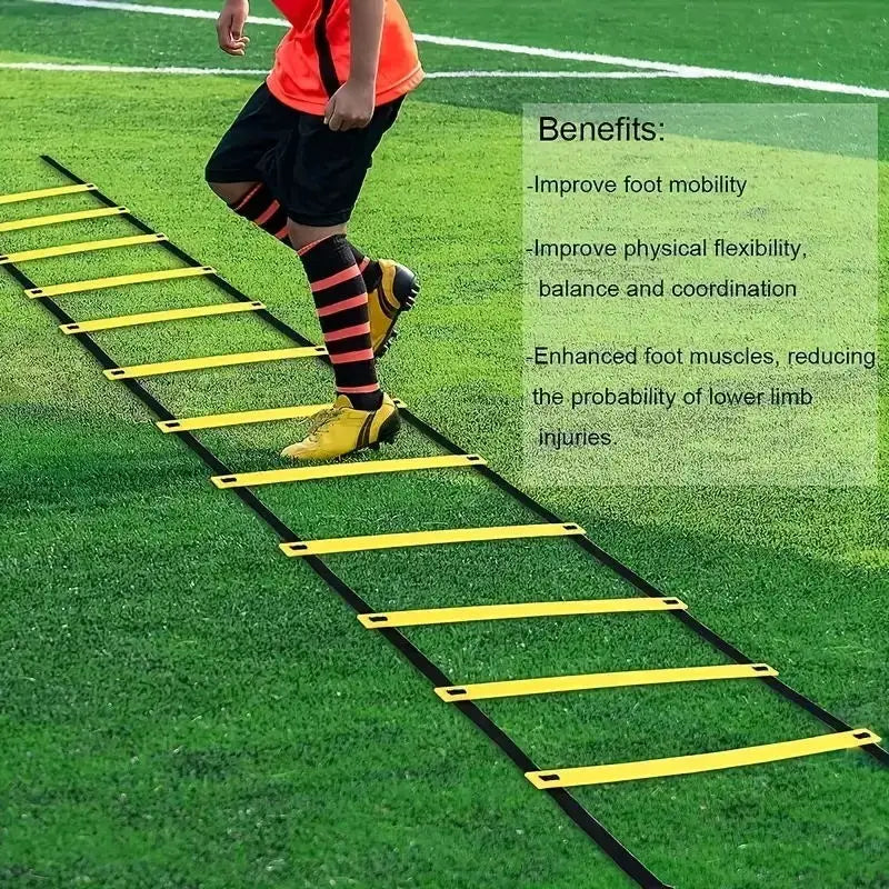 yellow and black agility ladder made of durable material laid out on a grass field designed for soccer speed training parachute and agility ladder kit use.