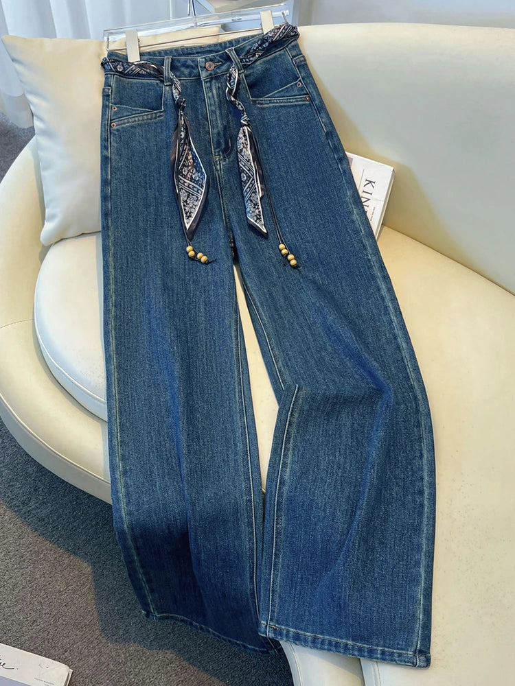 High-End Denim Blue Women's Jeans Straight Leg Wide Leg Pants with Silk Scarf Belt Retro Design Autumn New Style Casual Cotton