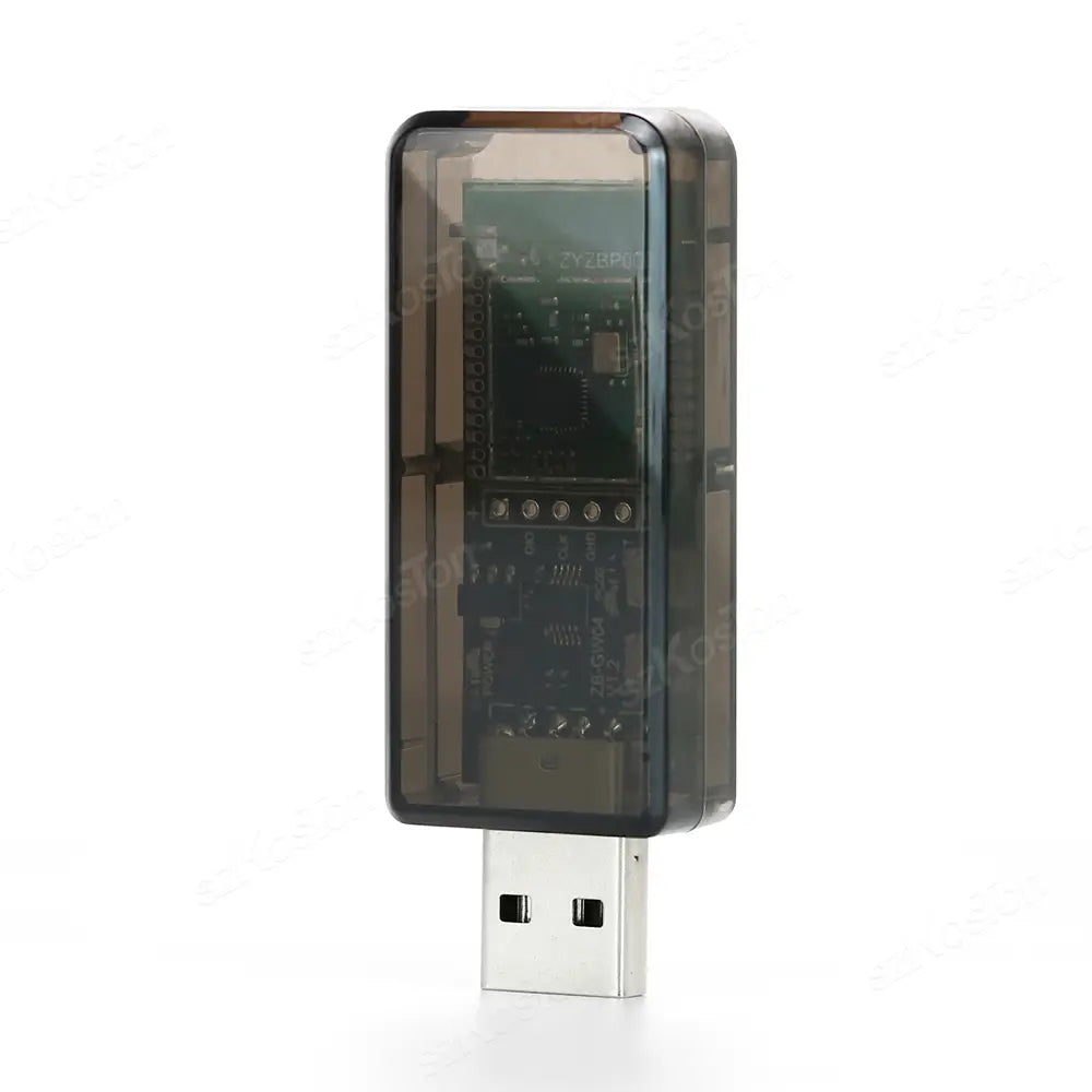 Transparent brown plastic zigbee usb dongle plus with visible internal circuit board and silver metallic connector for home assistant use