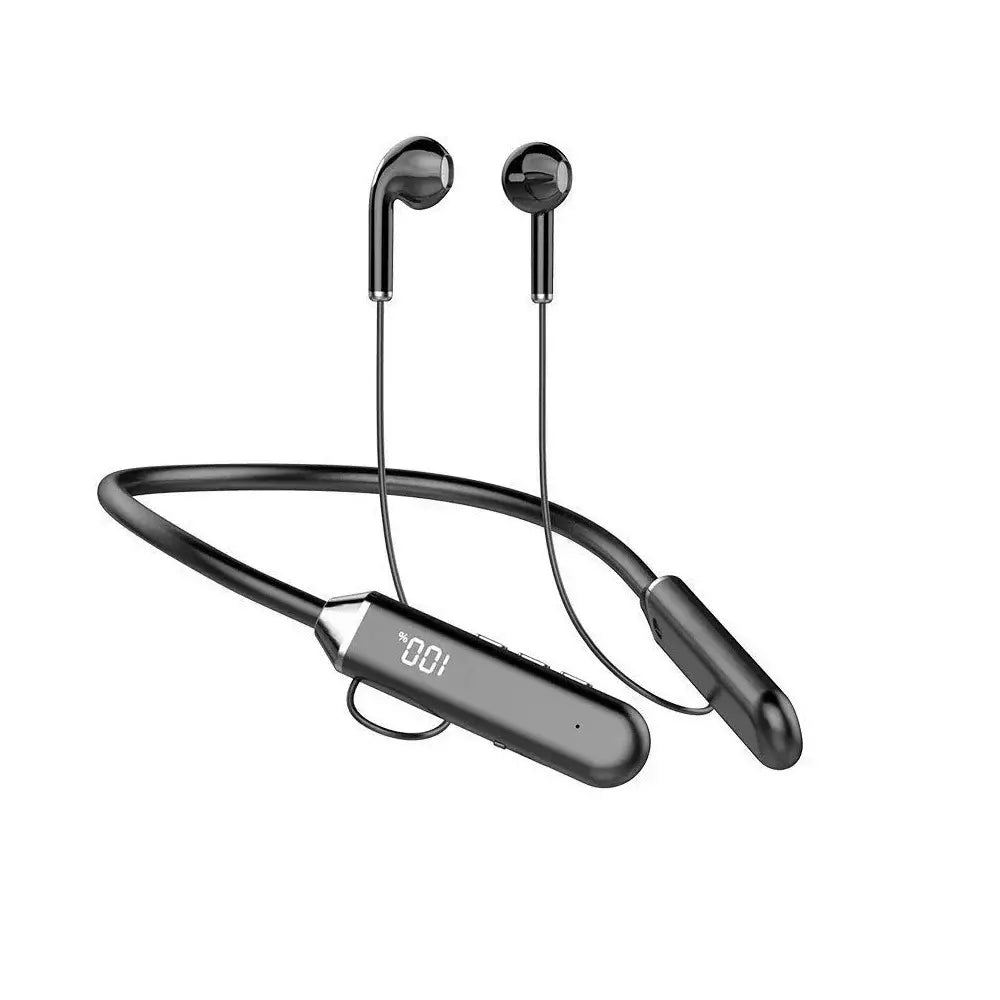 Black wireless neckband Bluetooth earphones with sleek glossy finish and LED display on the control module.