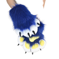 Blue and white faux fur cat claw gloves with black claws and yellow pads showing a comfortable fit for cosplay use