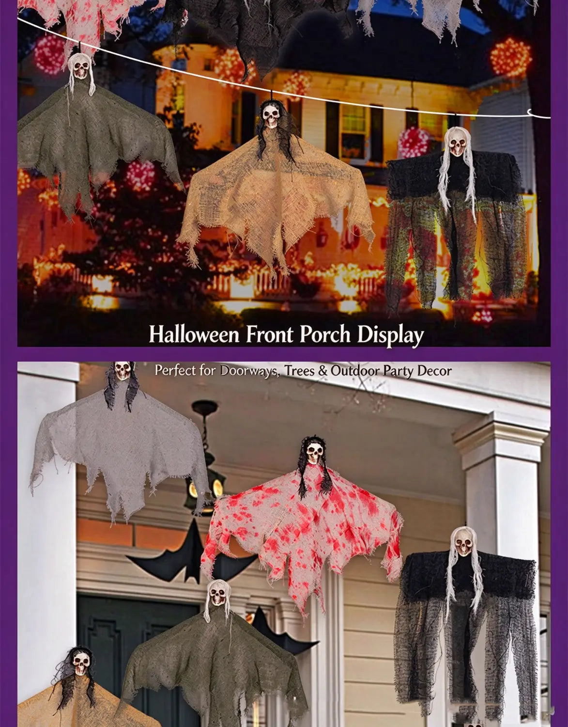 hängender Geist Halloween-Schreck-Accessoire aus Stoff mit Totenkopf-Gesichtern in Grau, Beige und Schwarz für die Dekoration von Geisterhäusern
