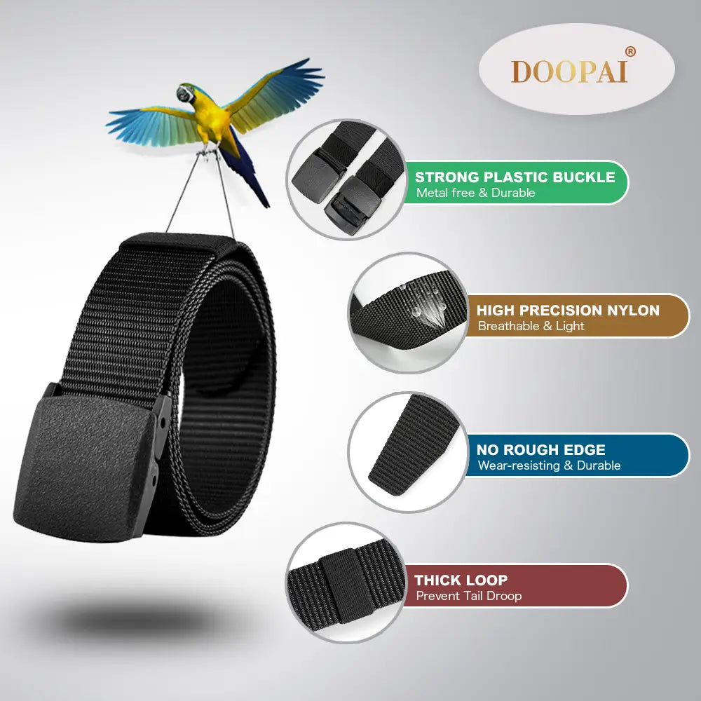 Black doopai tactical nylon belt with a matte strong plastic buckle and high precision strap designed for men outdoor use.