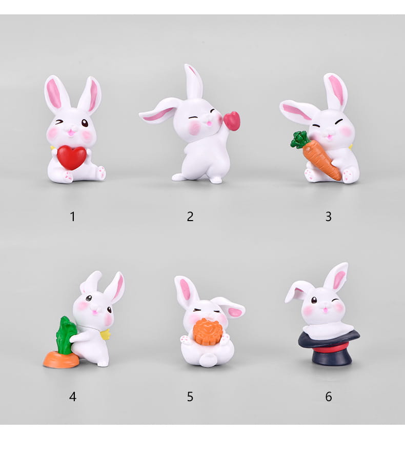 Les figurines miniatures en résine de lapin présentent des petits lapins en plastique blanc avec des oreilles internes et des joues roses, chacun tenant différents objets tels que des carottes ou des cœurs, conçus pour la décoration d’un jardin féerique.