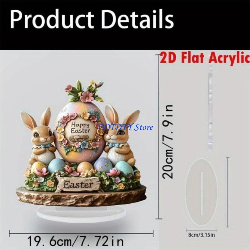 Centro de mesa primaveral de estatuilla de conejito de Pascua de acrílico en colores pastel, con dos personajes de conejito que flanquean un huevo decorado con la inscripción «Feliz Pascua», rodeado de huevos más pequeños y detalles florales.