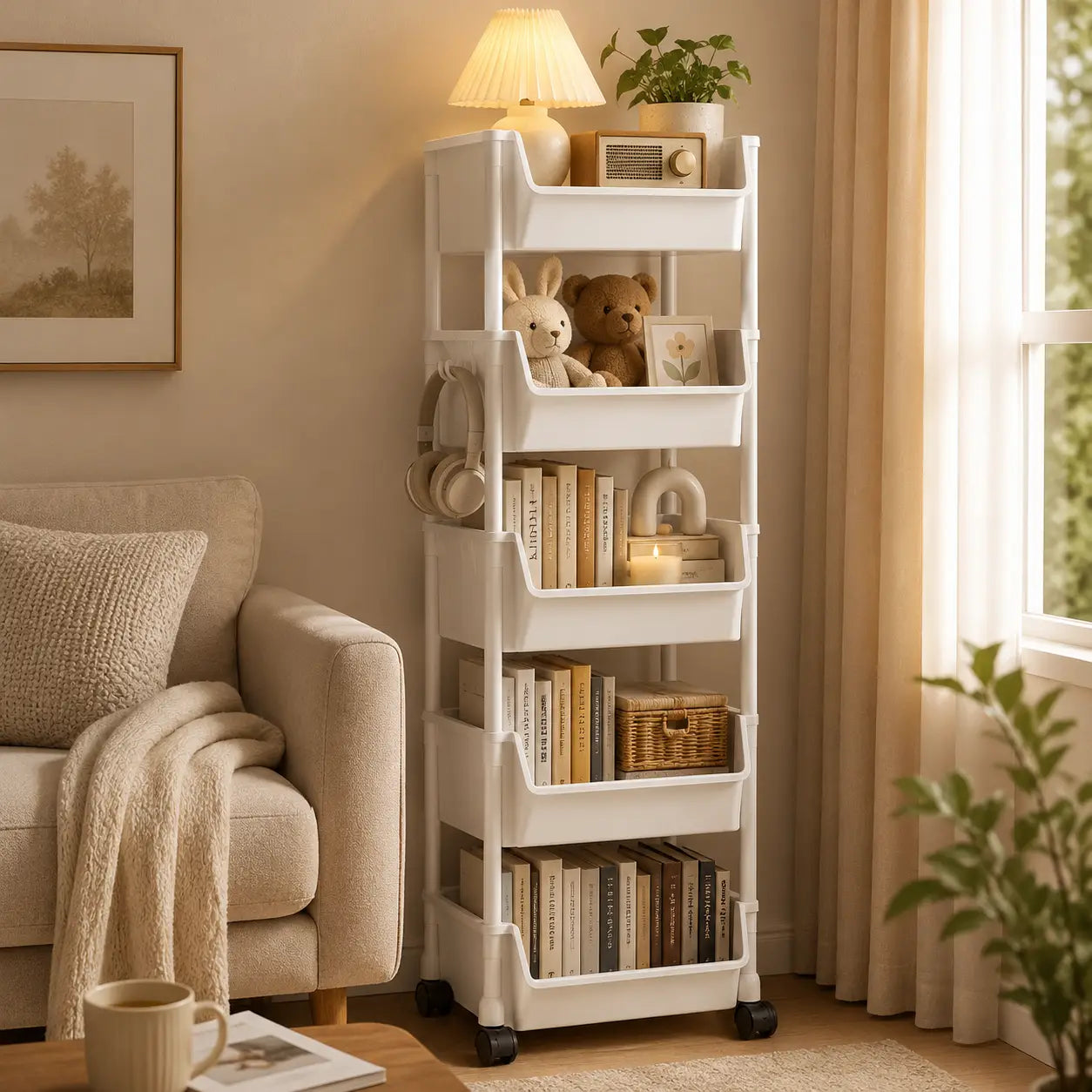Chariot de rangement roulant multi-niveaux en plastique blanc avec roues noires et étagères intégrées, conçu pour un rangement organisé et une mobilité facile.