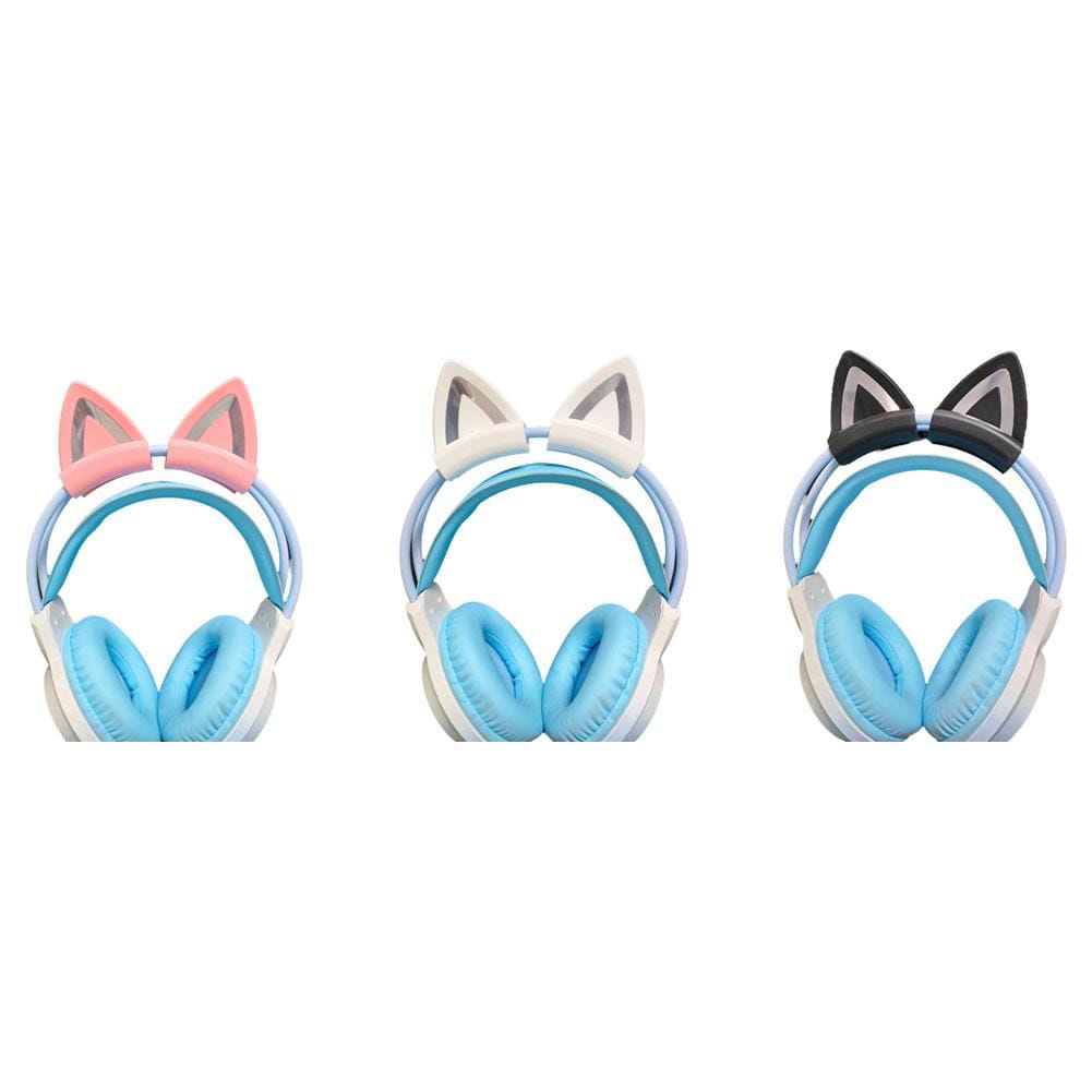 Attaches pour casque avec oreilles de chat en silicone, présentant des casques serre-tête à oreilles de chat aux couleurs pastel en rose, blanc et noir, avec des oreillettes bleues souples.
