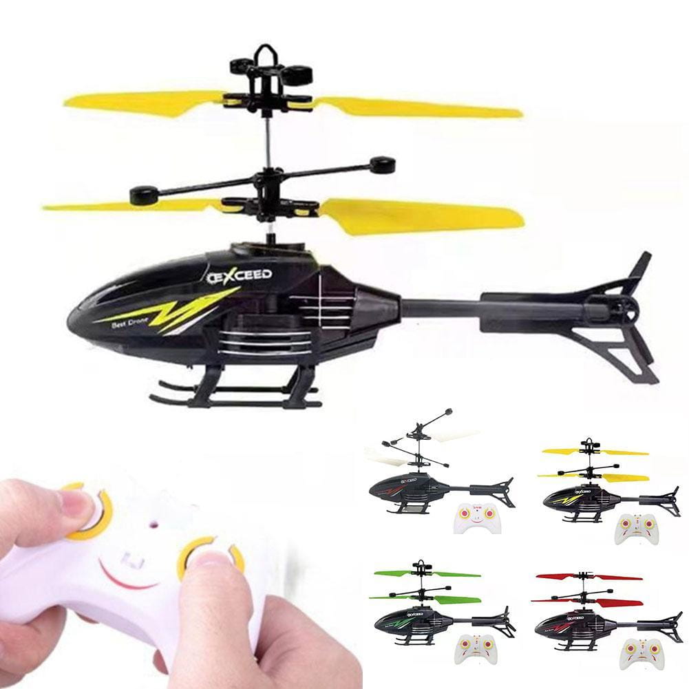 El juguete de helicóptero de inducción en suspensión teledirigido con mando a distancia de marca negra y amarilla superada, diseñado para vuelo en interiores y maniobrabilidad precisa.
