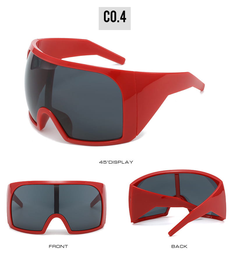 Futuristische Schild-Sonnenbrille für Herren UV400 in Schwarz mit roten Kunststoffrahmen, dunkelgrauen Gläsern und einem kräftigen futuristischen Design.