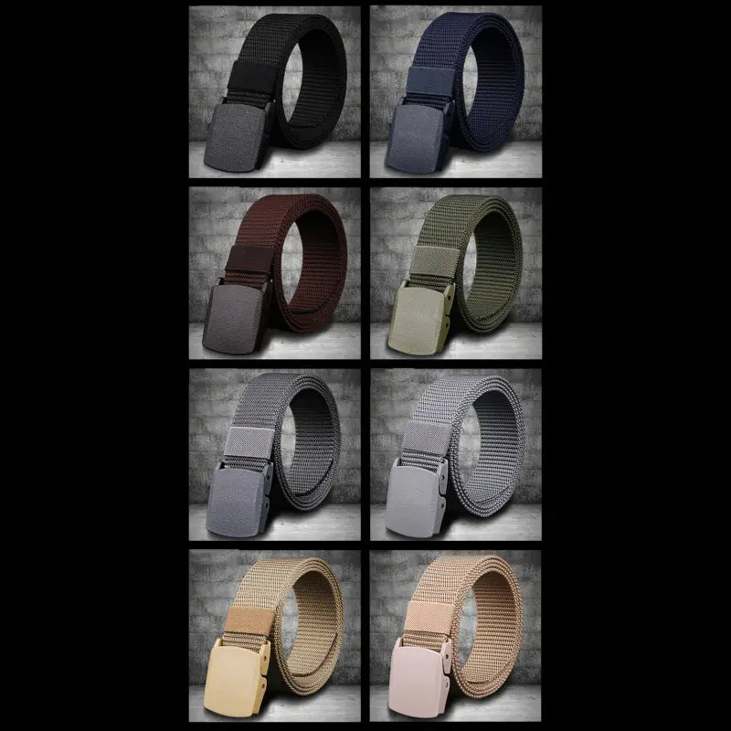 mens tactical canvas belt with a lightweight automatic matte-finish plastic buckle in multiple earth tones including black navy blue brown olive green gray and tan