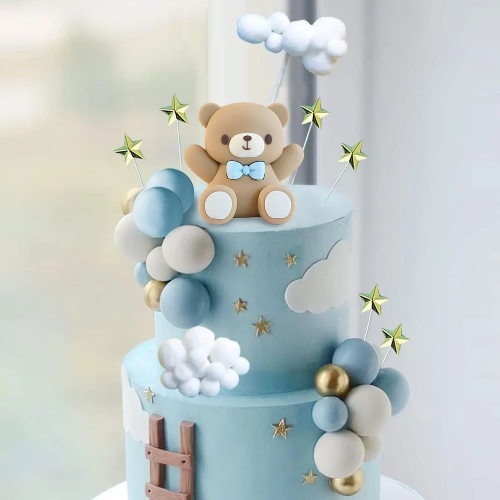 33pcs Baby Shower Cake Topper Set - Blue Bear & Star Cloud Decorations for Birthday Party, Gender Reveal Cake Decor