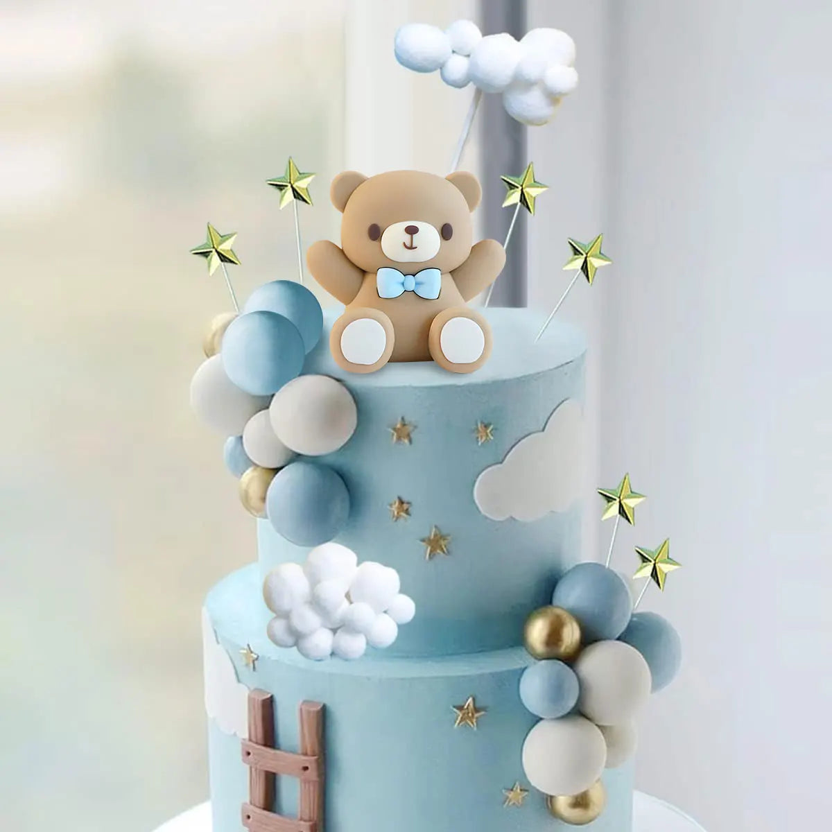 33pcs Baby Shower Cake Topper Set - Blue Bear & Star Cloud Decorations for Birthday Party, Gender Reveal Cake Decor