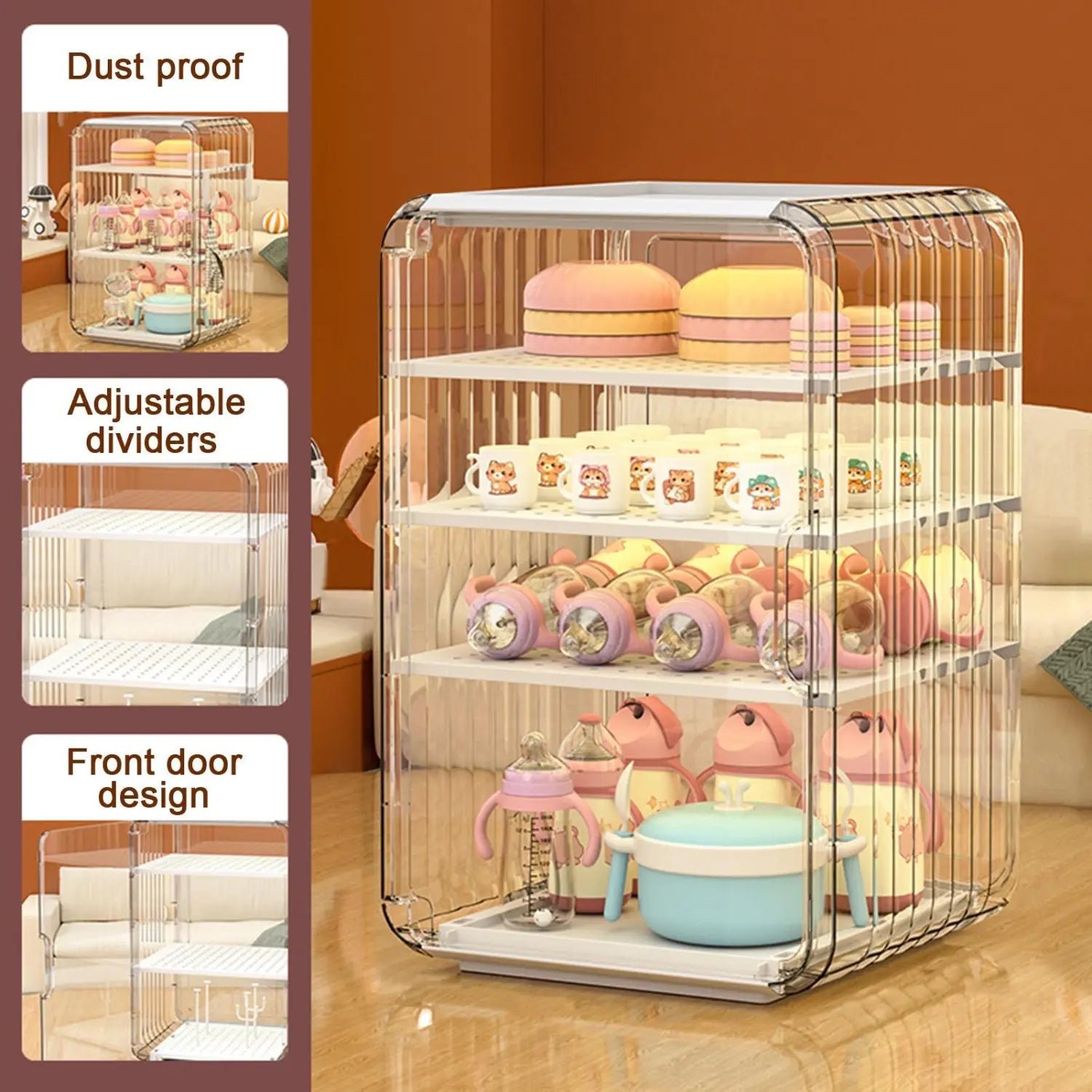 Klare Kunststoff-Babyflaschen-Aufbewahrungsbox mit mehreren Ebenen aus staubdichtem Acryl, mit verstellbaren Trennwänden und Fronttür-Design für einen einfachen Zugriff.