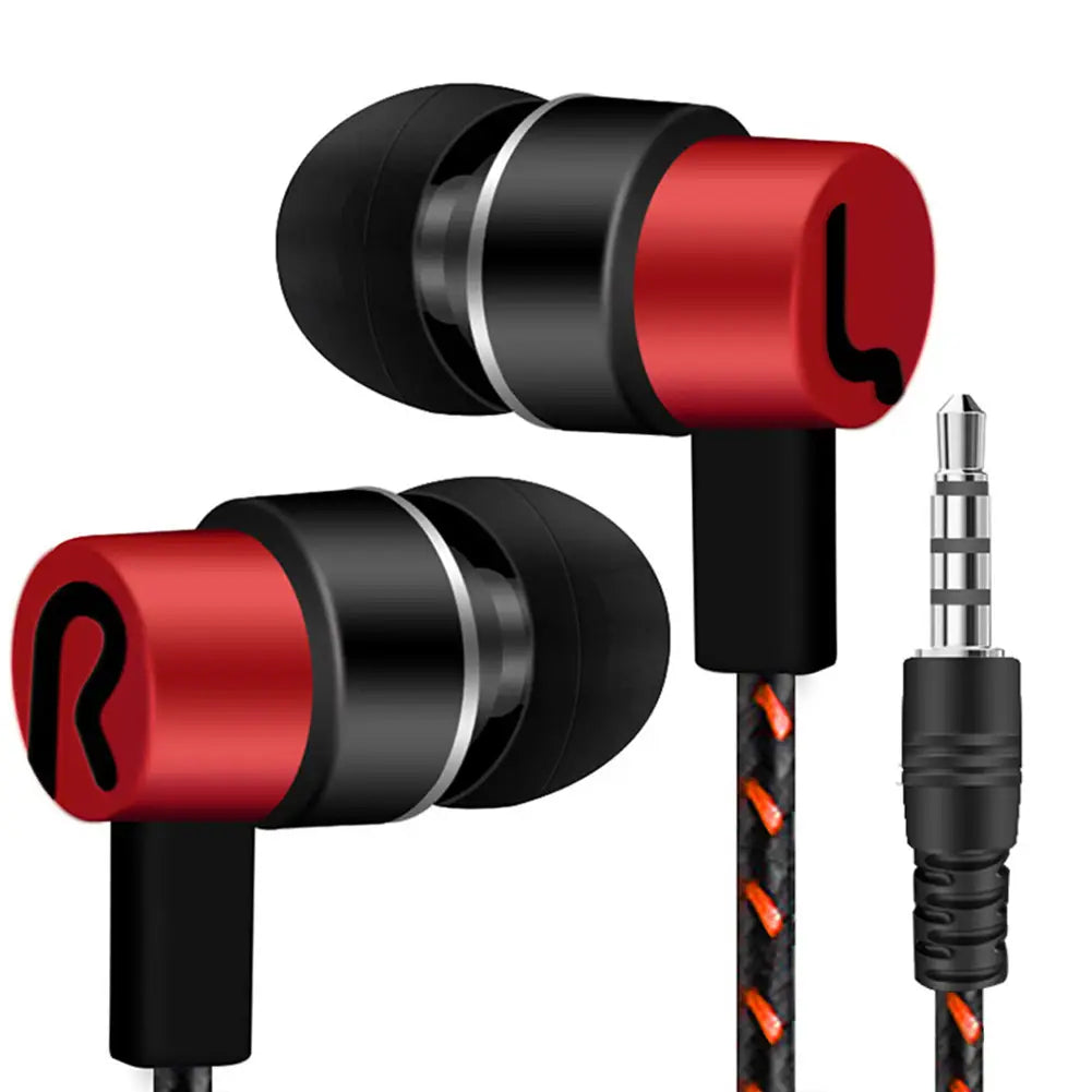 Red and black 3.5mm wired in-ear bass stereo earphones with a braided cable featuring orange accents.