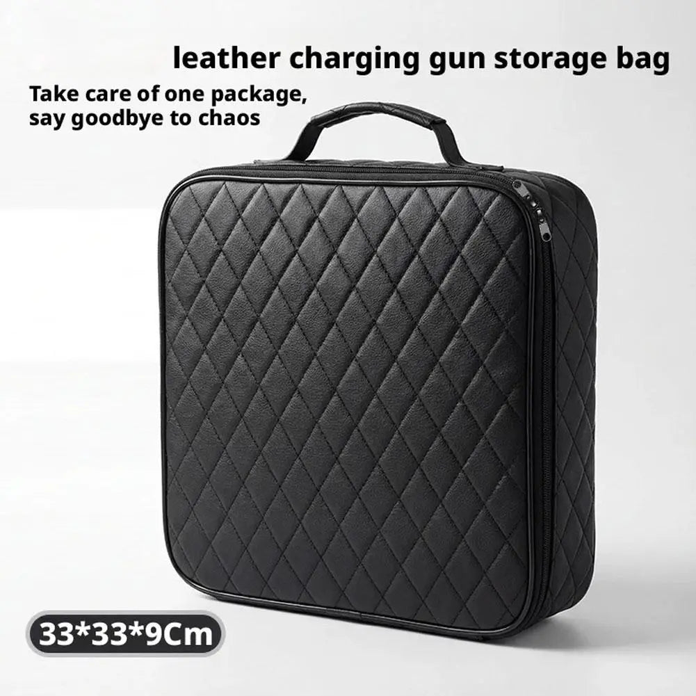 Bolsa de almacenamiento de cables de carga para vehículos eléctricos, de cuero acolchado negro, con asa superior y cierre con cremallera para organizar el automóvil.