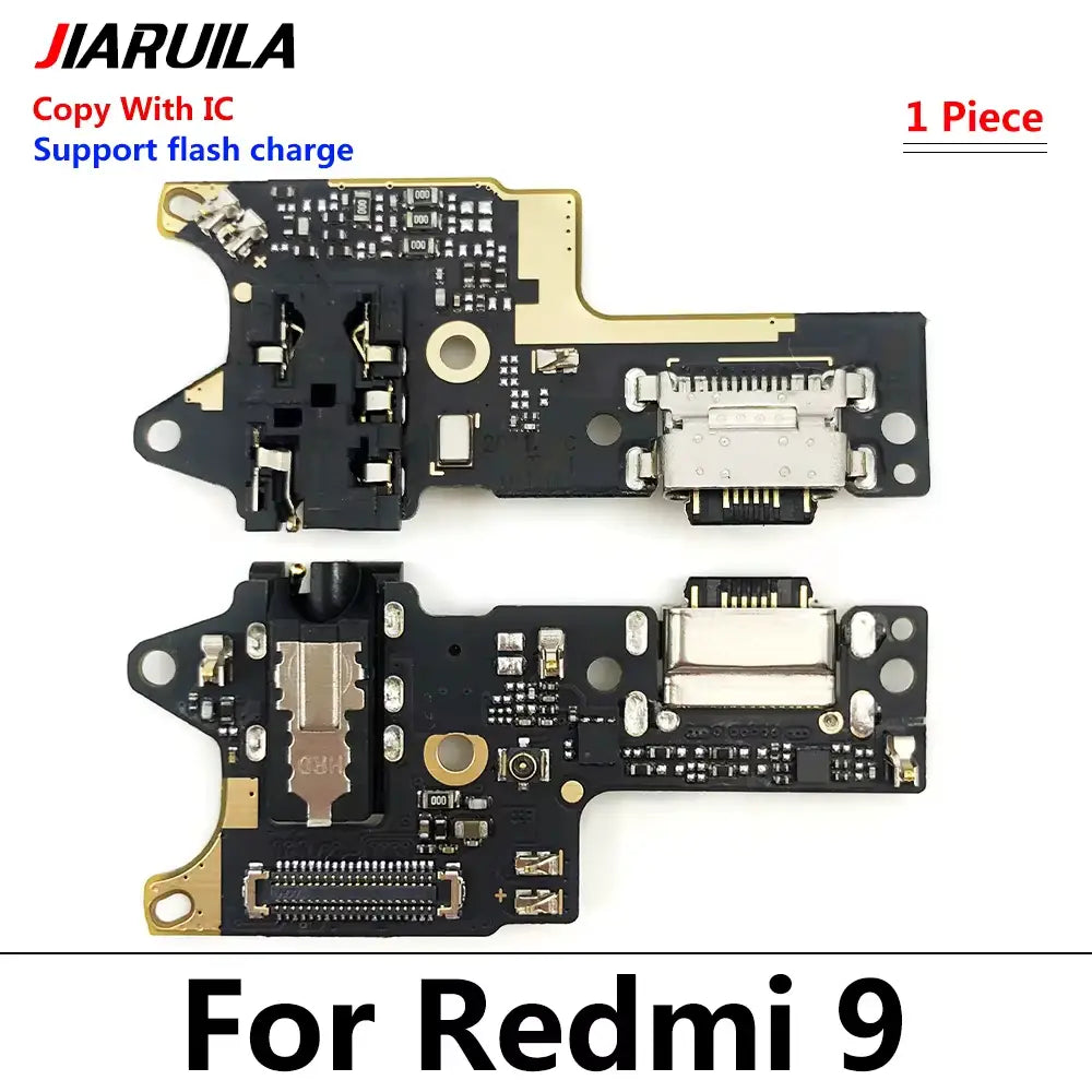 Schwarze und goldene Leiterplatten-USB-Ladeanschluss-Flexkabel, ausgelegt als Ersatzteil für das Xiaomi Redmi 9 Smartphone, kompatibel mit Versand über China Post und Schutzzeitoptionen.