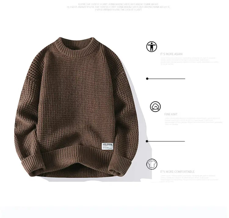 Moownuc Herren-Waffelstrick-Pullover im lässigen Stil in Braun mit geripptem Rundhalsausschnitt und Bündchen sowie einem strukturierten Muster.