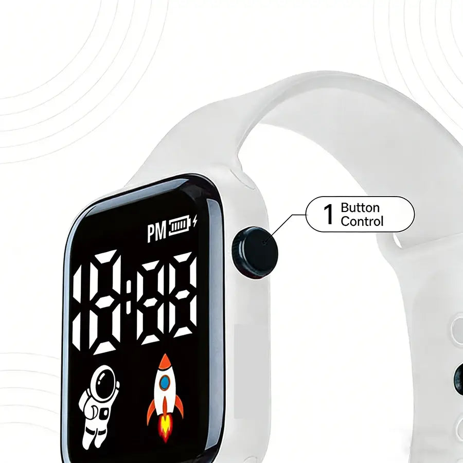 Montre électronique pour enfants avec bracelet en silicone blanc et écran numérique noir, affichant des icônes liées à l’heure et à l’espace pour garçons et filles.