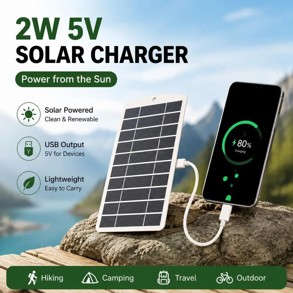 Solar Panel Charger 2W 5V USB Portable Outdoor Power Bank For Mobile Phone Camping Hiking Outdoor Emergency