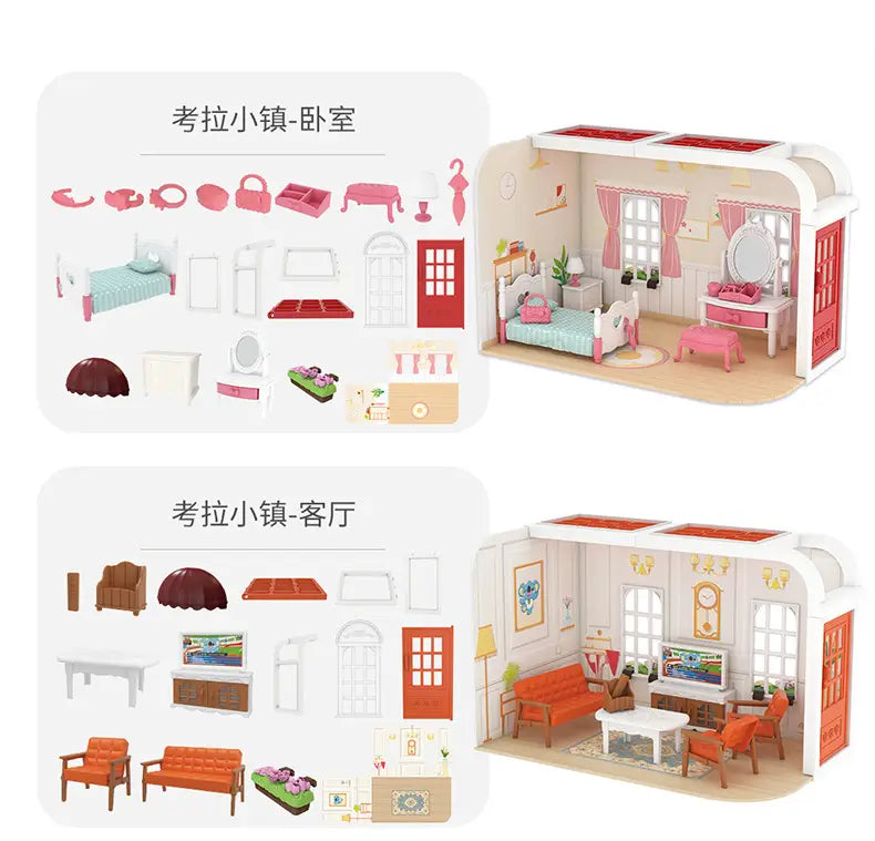 ピンクと白のプラスチック製ミニチュアドールハウスで、家具および装飾が詳細に作り込まれています（ミニチュアドールハウス家具およびプレイセット玩具のコレクション）。