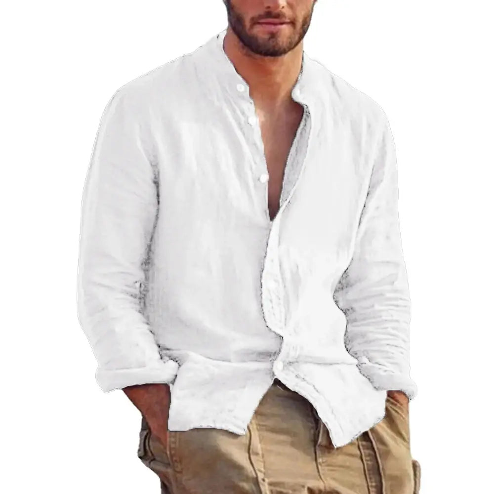 Men’s white linen long sleeve casual shirt with a relaxed fit and rolled sleeves featuring a stand collar.