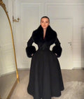 Women Wool Blend Coat Faux Fur Collar And Cuffs Fitted Waist Flared Maxi Silhouette Outerwear Winter Elegant Street Overcoat
