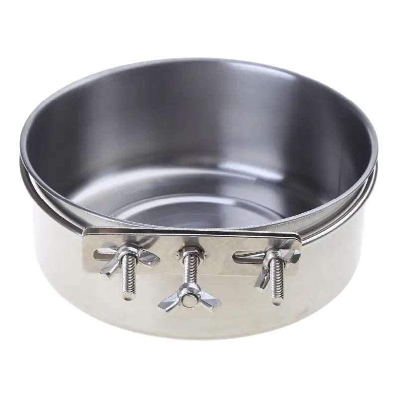 Stainless steel cage food dispenser featuring a pet bowl with a secure clamping mechanism and three wing nuts for an adjustable fit.