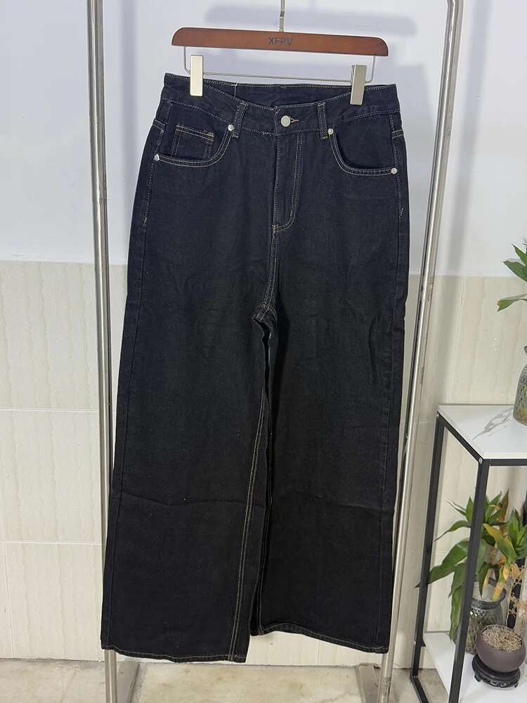 Iefb Men black vintage wide leg jeans featuring high waist black denim with contrast stitching.
