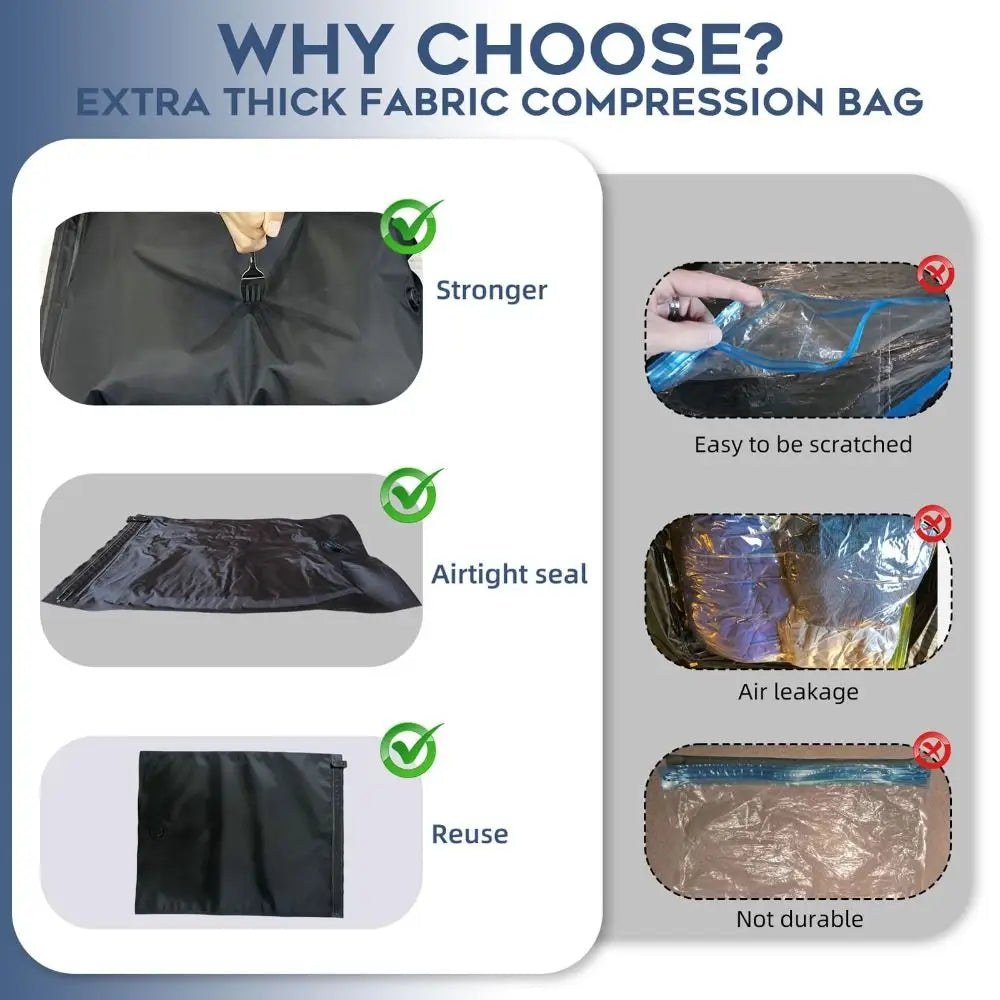 Sac sous vide de stockage de voyage en tissu noir extra-épais, avec fermeture à glissière et coutures renforcées, pour sachets de compression sous vide à enrouler.
