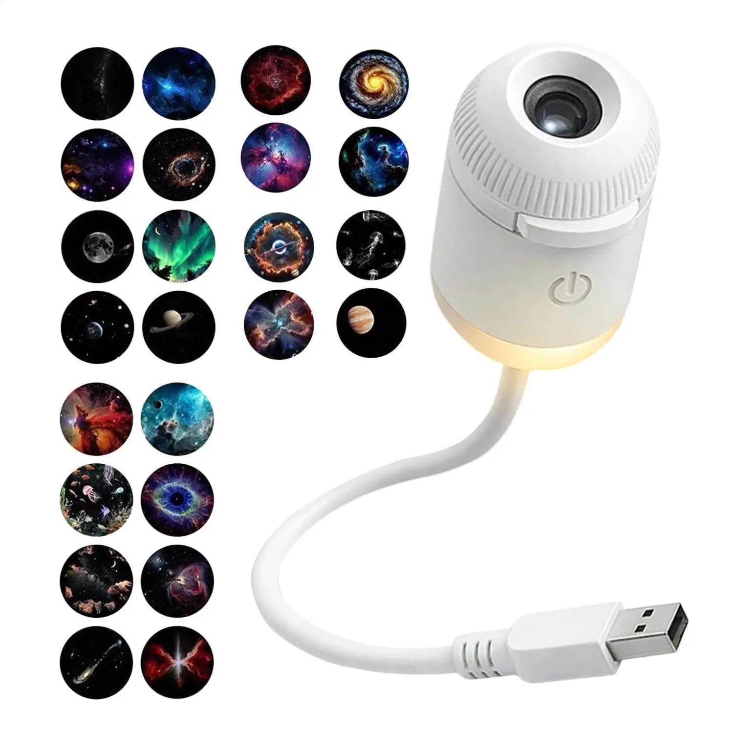 Weiße, per USB betriebene Galaxy-Projektor-Nachtlampe mit zylindrischem, strukturiertem Gehäuse und beleuchteter Basis, ausgelegt zur Darstellung von mehr als 20 kosmosinspirierten Bildern mit 24 Folien.