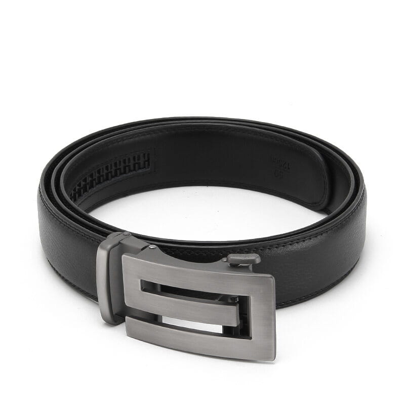 Ceinture automatique en cuir pour homme dotée d’une sangle en cuir noir et d’une boucle automatique élégante à finition argentée.